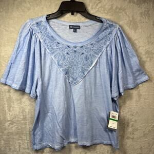 Democracy Women NEW Top Lg Blue Short Sleeve Crew Neck Eyelet Embroidery Stretch